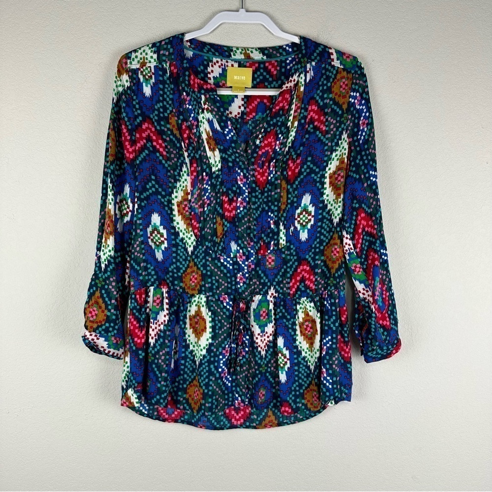 Maeve Blue Multicolor Topoxte Ikat Button Up Long Sleeve Statement Bold Top 2